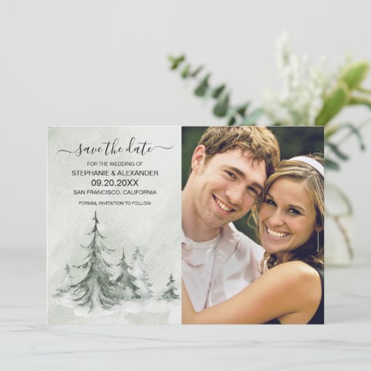 Waterverf Fir Trees Winter Wedding Save The Date (Staand voorkant)