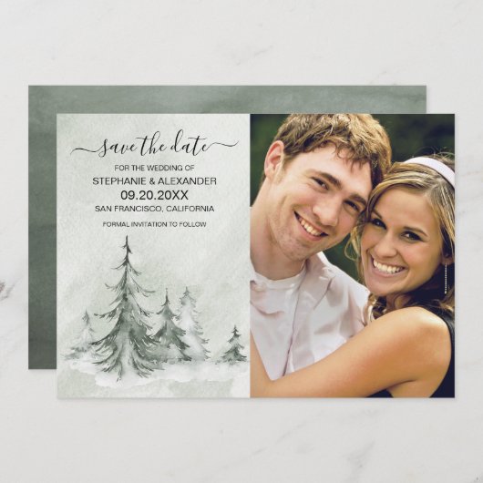 Waterverf Fir Trees Winter Wedding Save The Date (Voorkant / Achterkant)