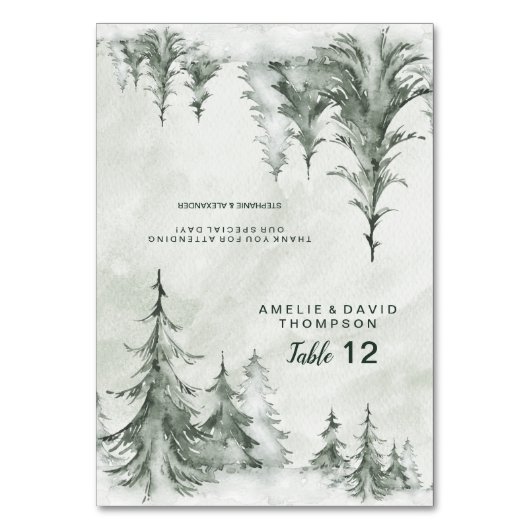 Waterverf Fir Trees Winter Wedding Table Number Kaart (Voorkant)