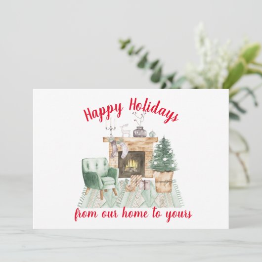 Waterverf Fireside Holiday Scene Kerstmis Kaart (Staand voorkant)