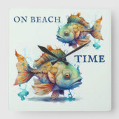 Waterverf Fishes Beach House Vierkante Klok (Voorkant)
