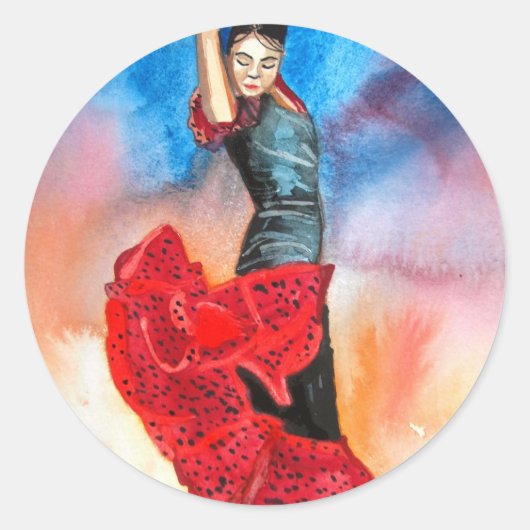 Waterverf FLAMENCO DANCER Ronde Sticker (Voorkant)