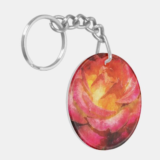 Waterverf Flaming Red Rose Sleutelhanger (Voorkant Links)