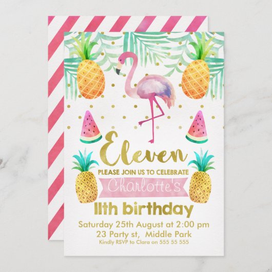 Waterverf Flamingo 11e verjaardag Kaart (Voorkant / Achterkant)