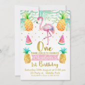 Waterverf Flamingo 1e verjaardag Uitnodiging (Voorkant)