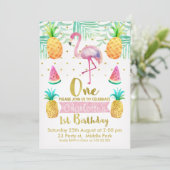 Waterverf Flamingo 1e verjaardag Uitnodiging (Staand voorkant)