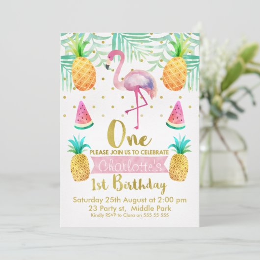 Waterverf Flamingo 1e verjaardag Uitnodiging (Staand voorkant)