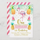 Waterverf Flamingo 1e verjaardag Uitnodiging (Voorkant / Achterkant)