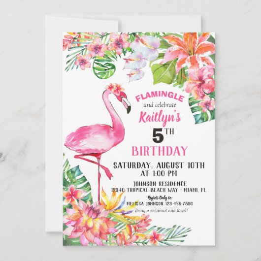 Waterverf Flamingo and Tropical Floral Birthday Kaart (Voorkant)