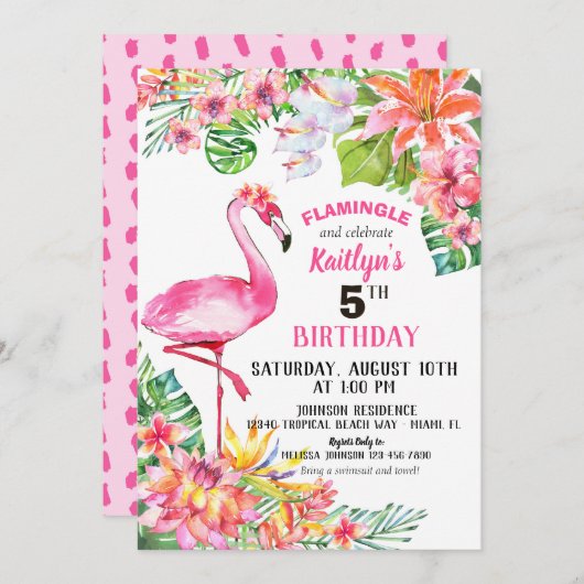Waterverf Flamingo and Tropical Floral Birthday Kaart (Voorkant / Achterkant)
