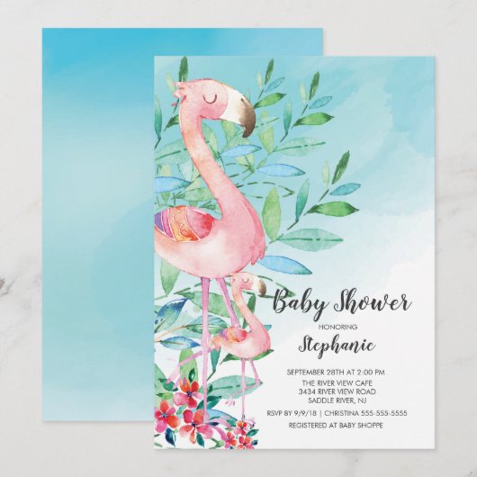Waterverf Flamingo Baby shower uitnodiging (Voorkant / Achterkant)