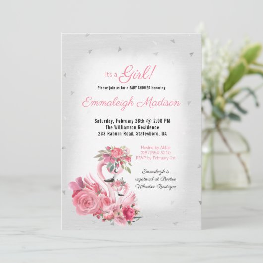 Waterverf Flamingo Ballerina Zilver Baby shower Kaart (Staand voorkant)