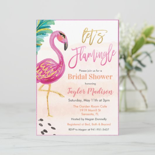 Waterverf Flamingo Bruidsdouche Uitnodiging (Staand voorkant)
