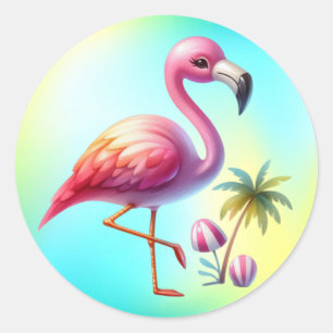 Waterverf Flamingo Cartoon Clipart Ronde Sticker
