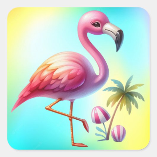Waterverf Flamingo Cartoon Clipart Vierkante Sticker (Voorkant)