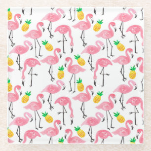 Waterverf Flamingo en Ananas: Tropische Set. Glazen Onderzetter