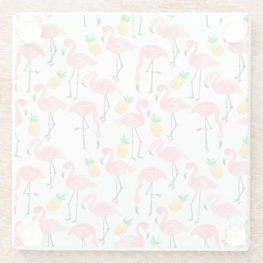 Waterverf Flamingo en Ananas: Tropische Set. Glazen Onderzetter (Achterkant)