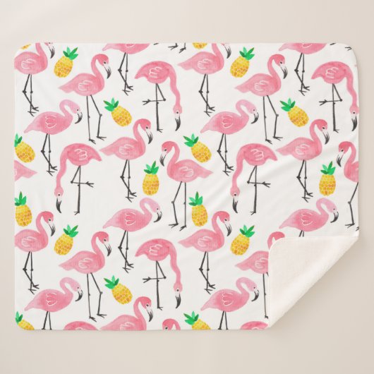 Waterverf Flamingo en Ananas: Tropische Set. Sherpa Deken (Voorkant (horizontaal))