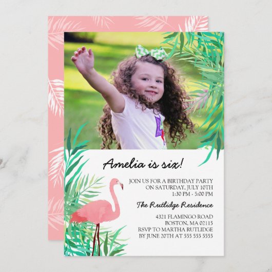 Waterverf Flamingo Foto Verjaardagsfeest Kaart (Voorkant / Achterkant)