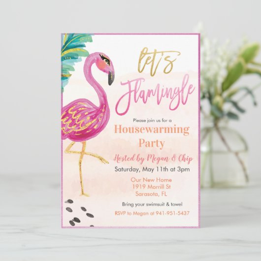 Waterverf Flamingo Housewarming Party Uitnodiging (Staand voorkant)