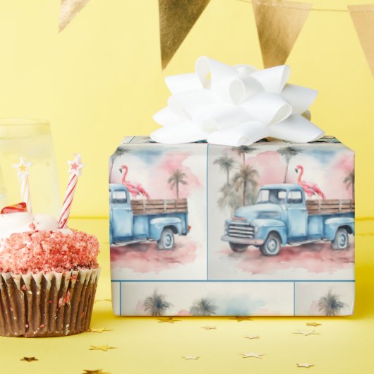 Waterverf flamingo in blauwe retro truck cadeaupapier (Verjaardagsfeest)