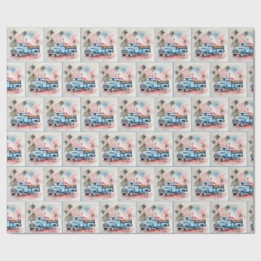 Waterverf flamingo in blauwe retro truck cadeaupapier (Vlak)