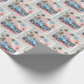 Waterverf flamingo in blauwe retro truck cadeaupapier (Hoek)