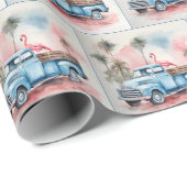 Waterverf flamingo in blauwe retro truck cadeaupapier (Rol Hoek)