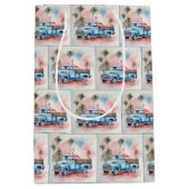 Waterverf flamingo in blauwe retro truck medium cadeauzakje (Voorkant)