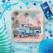 Waterverf flamingo in retro blauwe truck papieren bordje (Feest)