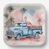 Waterverf flamingo in retro blauwe truck papieren bordje (Voorkant)
