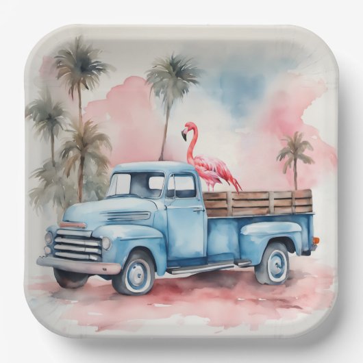 Waterverf flamingo in retro blauwe truck papieren bordje (Voorkant)