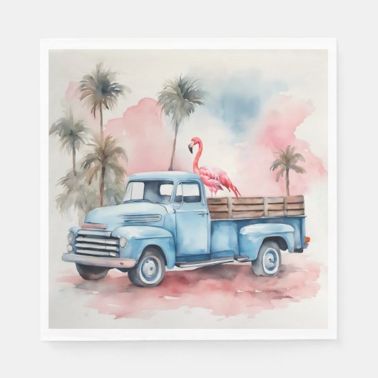 Waterverf flamingo in retro blauwe truck servet (Voorkant)