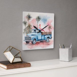 Waterverf flamingo in retro blauwe truck vierkante klok