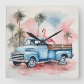 Waterverf flamingo in retro blauwe truck vierkante klok (Voorkant)
