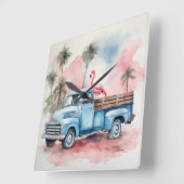 Waterverf flamingo in retro blauwe truck vierkante klok (Hoek)