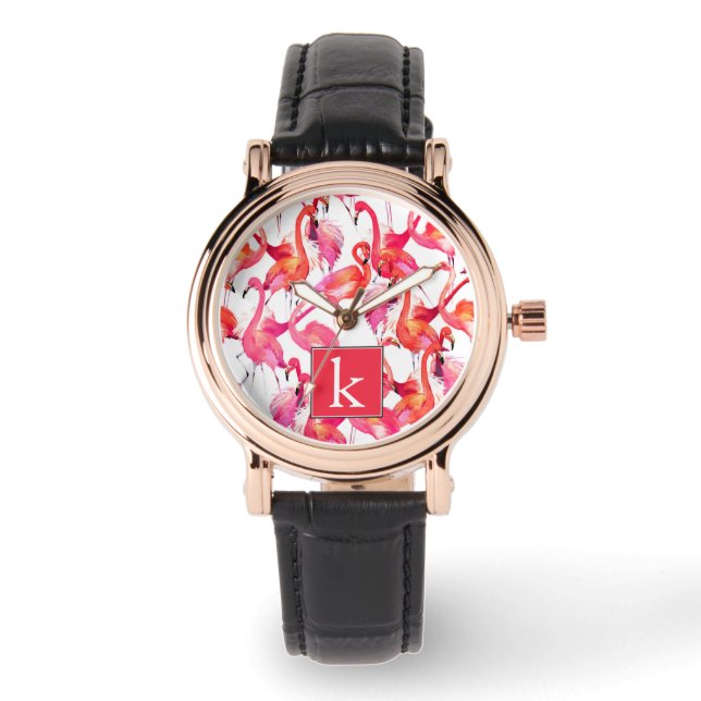 Waterverf flamingo in Waterverven | Jouw namen toe Horloge (Voorkant)