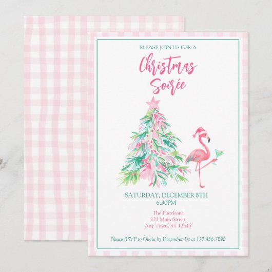 Waterverf Flamingo Kerstfeest Uitnodiging (Voorkant / Achterkant)