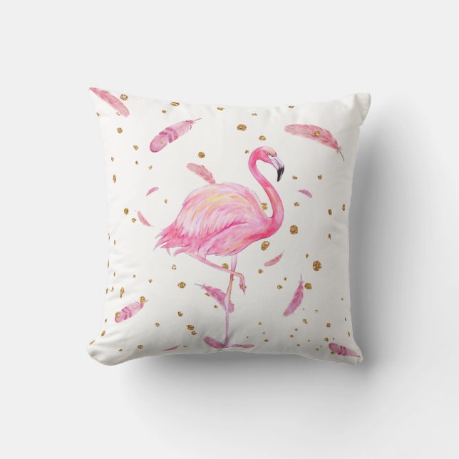 Waterverf Flamingo met Floating Feathers Pillow Kussen (Voorkant)