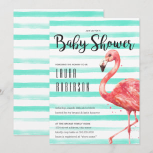 Waterverf Flamingo Mint Stripes   BABY SHOWER Kaart