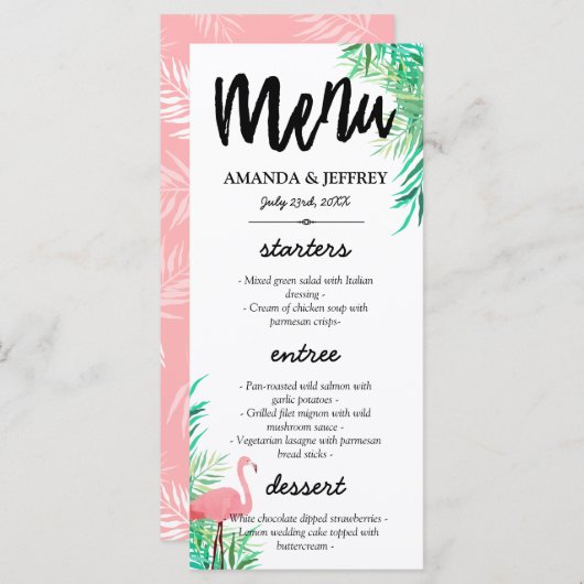 Waterverf Flamingo & Palmbladeren Bruiloft Menu (Voorkant / Achterkant)