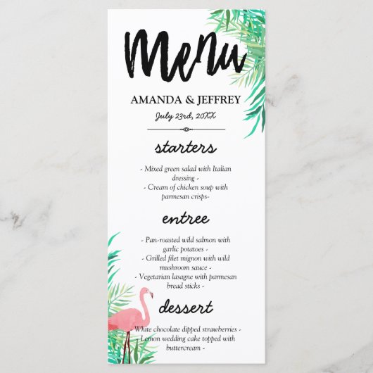 Waterverf Flamingo & Palmbladeren Bruiloft Menu (Voorkant)