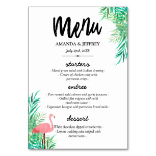 Waterverf Flamingo & Palmbladeren Bruiloft Menu Kaart