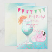 Waterverf Flamingo Pool Party Invitation Kaart (Voorkant / Achterkant)