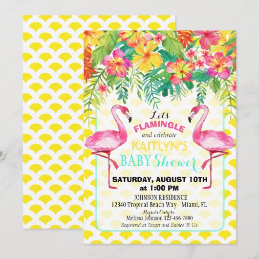 Waterverf Flamingo Tropical Floral Baby shower Kaart (Voorkant / Achterkant)