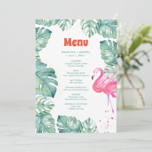 Waterverf Flamingo Tropical Menu Kaart (Staand voorkant)