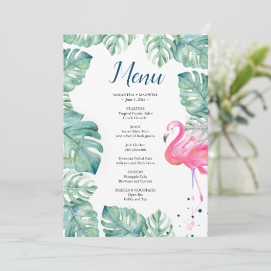 Waterverf Flamingo Tropical Menu Kaart (Staand voorkant)
