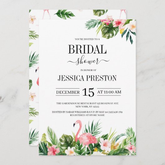 Waterverf Flamingo Tropisch Bloemig Bruiloftsfeest Kaart (Voorkant / Achterkant)