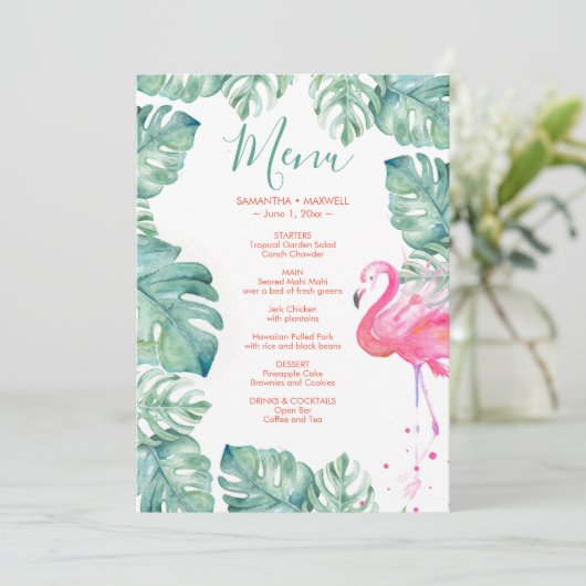 Waterverf Flamingo Tropisch menu Kaart (Staand voorkant)