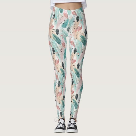 Waterverf Flamingo Tropisch Patroon Leggings (Voorkant)